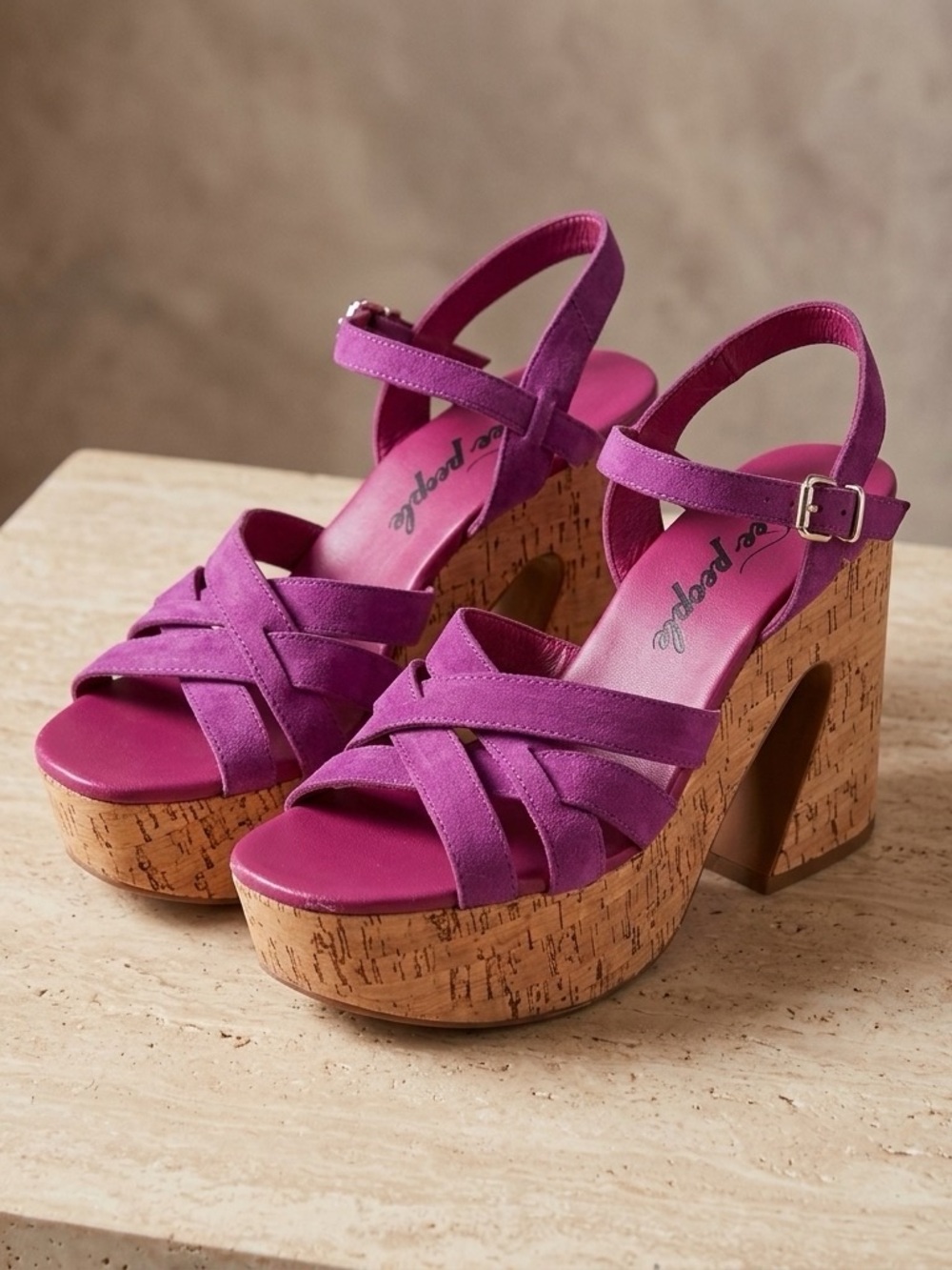 Free People Magenta Suede Cork Platform Sandals